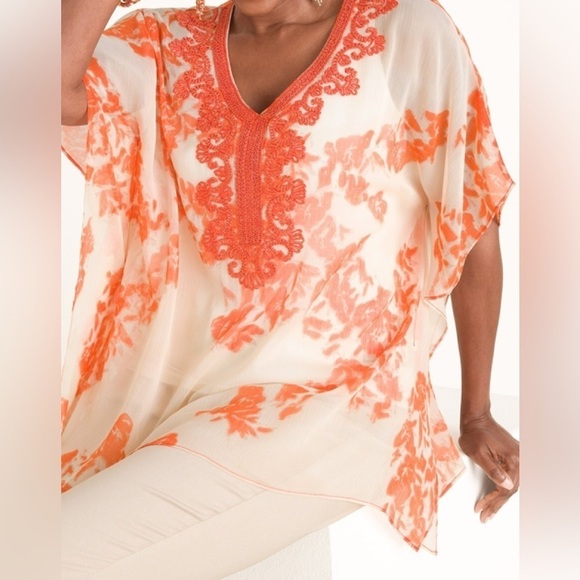 Chico’s Embroidered Printed Poncho Sz. S/M Orange Tan Sheer Batwing Summer Happy - Picture 2 of 8